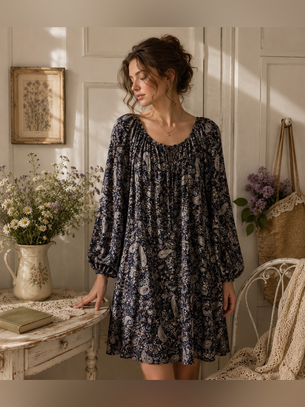 Chloe + Rene Navy & Cream Paisley Relaxed Boho 1/4 Sleeve Flowy Dress Large